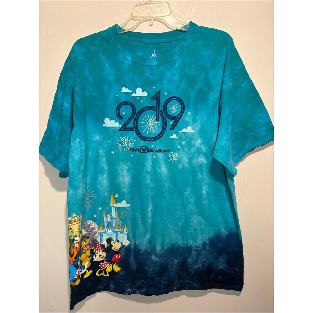 Disney Parks 2019 Tie Dye T-Shirt Blue Ombré Park Logo + Characters Unisex SZ XL